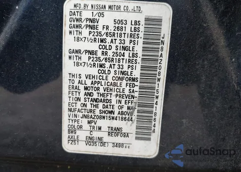 2005 Nissan Murano Se из США, поврежденный, VIN JN8AZ08W15W418644